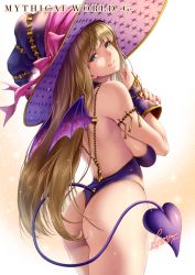 Rule 34 | 1girl, armlet, ass, backless outfit, blonde hair, blue eyes, bow, breast suppress, breasts, closed mouth, commentary request, dated, fingerless gloves, from behind, gloves, halloween, hands up, hat, hat bow, head tilt, large breasts, large hat, leotard, lioreo, long hair, looking at viewer, original, purple bow, purple gloves, purple hat, purple leotard, sideboob, signature, smile, solo, standing, straight hair, tail, themis (lioreo), very long hair, wings, witch hat