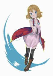 Rule 34 | 1girl, bare arms, black thighhighs, blonde hair, blue eyes, blue ribbon, boots, brown footwear, closed mouth, commentary request, creatures (company), dress, eyelashes, full body, game freak, hand up, highres, looking at viewer, medium hair, neck ribbon, nintendo, oou (tafc4385), pink dress, pokemon, pokemon (anime), pokemon xy (anime), ribbon, serena (pokemon), smile, solo, thighhighs, white background