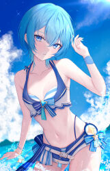 Rule 34 | 1girl, absurdres, belt, bikini, bikini shorts, blue eyes, blue hair, blue nails, blue sky, bracelet, cloud, collarbone, contrapposto, cowboy shot, day, highres, hololive, hoshimachi suisei, jewelry, looking at viewer, navel, nolc, ocean, outdoors, parted lips, sailor bikini, sailor collar, short hair, shorts, sky, solo, star (symbol), star in eye, stomach, swimsuit, symbol in eye, virtual youtuber, water, wet, white belt