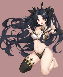 Rule 34 | 1girl, :d, absurdres, anklet, bare shoulders, bikini, black hair, black thighhighs, breasts, cleavage, collarbone, double v, earrings, fate/grand order, fate (series), floating hair, full body, gold earrings, gold trim, hair ornament, hands up, highres, ishtar (fate), jewelry, kneeling, long hair, looking at viewer, medium breasts, mergerri, mismatched bikini, navel, neck ring, open mouth, pink background, red eyes, simple background, single leg pantyhose, single sleeve, smile, solo, stomach, swimsuit, teeth, thighhighs, tiara, upper teeth only, v, very long hair