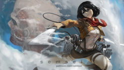 Rule 34 | 1girl, artist name, belt, black eyes, black hair, bob cut, boots, cloud, colossal titan, commentary, cropped jacket, david semsei, english commentary, facial scar, fighting, foreshortening, frown, furrowed brow, giant, grey pants, hair between eyes, holding, holding weapon, jacket, long bangs, looking at another, looking back, looking to the side, mikasa ackerman, mixed-language commentary, muscular, pants, paradis military uniform, patreon username, red neckwear, red scarf, scar, scar on cheek, scar on face, scarf, shingeki no kyojin, shirt, short hair, sky, solo, sword, thigh boots, thigh strap, thighhighs, three-dimensional maneuver gear, titan (shingeki no kyojin), watermark, weapon, web address, white shirt