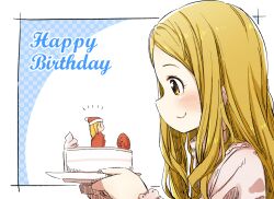 Rule 34 | 1girl, blonde hair, blue background, blush, brown eyes, cake, cake slice, closed mouth, food, from side, fruit, happy birthday, highres, holding, holding plate, idolmaster, idolmaster cinderella girls, long hair, long sleeves, looking at another, mochizuki hijiri, notice lines, parted bangs, pink shirt, plate, polka dot, polka dot background, profile, shirt, smile, solo, strawberry, two-tone background, white background, yukie (kusaka shi)
