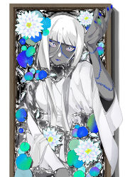 Rule 34 | 1girl, absurdres, blue eyeshadow, blue lips, blue nails, blunt bangs, dark-skinned female, dark skin, expressionless, eyeshadow, facing viewer, flower, hand up, highres, lily pad, long hair, looking at viewer, makeup, original, outside border, painting (object), picture frame, rukorukodonn, shadow, solo, spot color, stitched arm, stitched face, stitches, through medium, through painting, upper body, white eyes, white flower, white hair, white theme