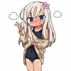 Rule 34 | 10s, 1girl, :p, black one-piece swimsuit, blonde hair, blue eyes, blush, chibi, closed mouth, clothes lift, collarbone, covered navel, cowboy shot, dress, facing viewer, flat chest, flower, hair flower, hair ornament, hand up, kanikama, kantai collection, legs together, lifting own clothes, light smile, long hair, long sleeves, looking at viewer, lowres, nose blush, off shoulder, old school swimsuit, one-piece swimsuit, one-piece tan, pink flower, ribbed sweater, ro-500 (kancolle), school swimsuit, short eyebrows, sidelocks, silver hair, simple background, smile, solo, standing, sweater, sweater dress, sweater lift, swimsuit, swimsuit under clothes, tan, tanline, thigh gap, tongue, tongue out, v, white background