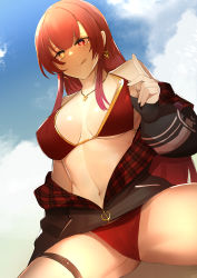 Rule 34 | 1girl, absurdres, anchor symbol, bare shoulders, black hoodie, blue sky, clothes pull, cloud, cloudy sky, covered navel, earrings, fingernails, heart, heart-shaped pupils, heart earrings, highres, hololive, hood, hoodie, houshou marine, houshou marine (summer), jewelry, licking, licking lips, long hair, navel, necklace, one-piece swimsuit pull, outdoors, panties, plaid, red eyes, red hair, red panties, ro g (oowack), single earring, sky, sleeves past wrists, solo, spread legs, swimsuit, symbol-shaped pupils, thigh strap, tongue, tongue out, underwear, undressing, virtual youtuber, yellow eyes