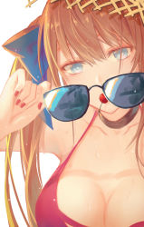 Rule 34 | 1girl, ahoge, alternate costume, bikini, blue eyes, blue ribbon, bow, breasts, brown hair, cherry, choker, cleavage, close-up, collarbone, unworn eyewear, fal (girls&#039; frontline), food, fruit, girls&#039; frontline, hat, highres, holding, holding removed eyewear, large breasts, long hair, looking at viewer, mouth hold, nail polish, red bikini, ribbon, side ponytail, simple background, solo, straw hat, sunglasses, swimsuit, very long hair, wet, white background, xing muhen