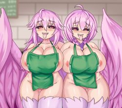 Rule 34 | 2girls, ahoge, alternate breast size, alternate hair color, alternate species, apron, black sclera, blush, braid, cleft of venus, colored sclera, commentary, fang, feathered wings, feathers, green apron, harpy, heart, heart-shaped pupils, highres, jubjub (monster girl encyclopedia), lactation, long hair, monster girl, monster girl encyclopedia, mother and daughter, multiple girls, naked apron, nav (itsnav), open mouth, original, pink feathers, pink hair, pink wings, pussy, pussy juice, red eyes, runa (maritan), saliva, saliva trail, shortstack, symbol-shaped pupils, tongue, tongue out, twin braids, winged arms, wings