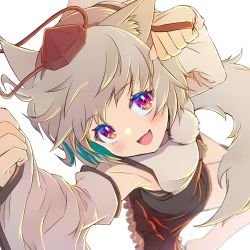 Rule 34 | 1girl, animal ears, black skirt, blurry, blush, breasts, depth of field, detached sleeves, fang, feet out of frame, hat, inubashiri momiji, long sleeves, looking at viewer, open mouth, pom pom (clothes), shiroi karasu, shirt, silver hair, simple background, skin fang, skirt, smile, solo, tail, tokin hat, touhou, white background, white shirt, wolf ears, wolf tail