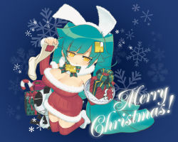 Rule 34 | 1girl, akatsuki gomoku, animal ears, bell, box, breasts, rabbit ears, candy, candy cane, carrying, christmas, cleavage, female focus, food, full body, gift, gift box, green hair, large breasts, long hair, megatrea shop, official art, santa costume, snowflakes, solo, thighhighs, tray, twintails, yellow eyes