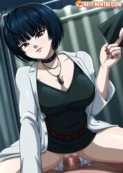 Rule 34 | 1boy, 1girl, arm support, belt, black hair, breasts, brown eyes, bullet necklace, cleavage, clipboard, collar, cowgirl position, doctor, highres, holding, holding clipboard, jewelry, lab coat, large breasts, leaning forward, necklace, penis, persona, persona 5, pov, pussy, red belt, reit, short hair, smile, spread legs, straddling, studded collar, takemi tae, thighs, vaginal