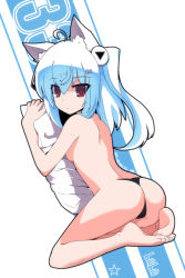 Rule 34 | 1girl, ahoge, animal ears, aqua hair, ass, auer, back, barefoot, bili girl 33, bilibili, black panties, cat ears, feet, frown, headphones, highres, hugging object, kemonomimi mode, looking at viewer, looking back, panties, personification, pillow, pillow hug, red eyes, red hair, seiza, side ponytail, sitting, soles, solo, string panties, topless, underwear, underwear only