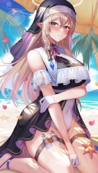 Rule 34 | 1girl, absurdres, amahara subaru, beach, between legs, black one-piece swimsuit, blonde hair, blush, breasts, closed mouth, elf, gloves, hair between eyes, hand between legs, highres, large breasts, long hair, looking at viewer, neck ribbon, one-piece swimsuit, original, outdoors, palm tree, petals, pointy ears, red eyes, red ribbon, ribbon, solo, swimsuit, thigh strap, tree, veil, very long hair, white gloves, white one-piece swimsuit