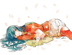 Rule 34 | 1girl, blue hair, eirika (fire emblem), fire emblem, fire emblem: the sacred stones, gloves, ichiyou (kazuha1003), long hair, looking at viewer, lying, nintendo, on stomach, petals, simple background, skirt, smile, solo, white background