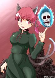 Rule 34 | 1girl, alternate hairstyle, animal ears, artist name, breasts, cat ears, cat tail, cowboy shot, dress, extra ears, fangs, fangs out, green dress, hand up, highres, hitodama, index finger raised, kaenbyou rin, light blush, long hair, looking to the side, medium breasts, multiple tails, nail polish, nekomata, pile of skulls, ponytail, red nails, simple background, skull, solo, tail, touhou, two tails