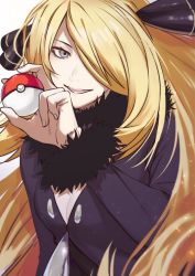 Rule 34 | 1girl, blonde hair, breasts, cleavage, coat, creatures (company), cynthia (pokemon), eyelashes, fur-trimmed coat, fur collar, fur trim, game freak, grey eyes, hair ornament, hand up, highres, holding, holding poke ball, long hair, long sleeves, nintendo, open mouth, poke ball, poke ball (basic), pokemon, pokemon dppt, smile, solo, teeth, tongue, upper body, white background, yon44141