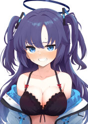 Rule 34 | 1girl, absurdres, aoto mei, bare shoulders, black bra, black halo, blue archive, blue eyes, blush, bow, bow bra, bra, breasts, cleavage, clenched teeth, collarbone, commentary, full-face blush, halo, highres, jacket, jacket partially removed, long hair, looking at viewer, mechanical halo, medium breasts, purple hair, shirt, solo, sweat, teeth, triangle hair ornament, underwear, upper body, white background, yuuka (blue archive)