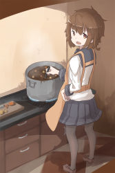 Rule 34 | 10s, 1girl, apron, brown eyes, brown hair, cooking, curry, cutting board, fang, food, hair ornament, hairclip, hand on own hip, highres, ikazuchi (kancolle), kantai collection, kitchen, long sleeves, looking at viewer, looking back, mku, open mouth, pantyhose, pleated skirt, pot, sailor collar, school uniform, serafuku, short hair, skirt, solo