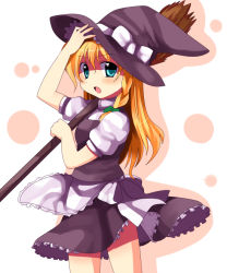 Rule 34 | 1girl, :o, apron, black hat, black skirt, black vest, blonde hair, blue eyes, blush, bow, braid, broom, carrying over shoulder, cowboy shot, eyebrows, female focus, frilled apron, frills, green bow, hair between eyes, hair bow, hand on headwear, hat, hat bow, hat ribbon, holding, holding broom, kirisame marisa, long hair, looking at viewer, open mouth, ribbon, shirt, short sleeves, skirt, solo, standing, subaru (yachika), touhou, turtleneck, vest, waist apron, white apron, white background, white bow, white ribbon, white shirt, witch hat