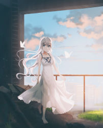 Rule 34 | 1girl, bad id, bad pixiv id, bare arms, bare shoulders, barefoot, blue sky, breasts, bug, butterfly, chihuri, closed mouth, cloud, commentary request, day, dress, grey eyes, hair between eyes, highres, insect, long hair, looking at viewer, medium breasts, original, outdoors, see-through silhouette, silver hair, skirt hold, sky, sleeveless, sleeveless dress, solo, standing, standing on one leg, toenails, very long hair, white dress