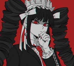 Rule 34 | 1girl, black hair, black jacket, black nails, bow, celestia ludenberg, center frills, closed mouth, collared shirt, danganronpa: trigger happy havoc, danganronpa (series), drill hair, earrings, frilled jacket, frilled shirt, frills, hair bow, hand up, jacket, jecheubo, jewelry, long hair, looking at viewer, nail polish, necktie, portrait, red background, red eyes, red necktie, serious, shaded face, shirt, simple background, white shirt