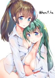 Rule 34 | 10s, 2girls, blue eyes, breasts, brown hair, collarbone, collared shirt, dress shirt, green hair, hair between eyes, hair ornament, hairclip, henet hene, kantai collection, kumano (kancolle), large breasts, long hair, long sleeves, medium breasts, multiple girls, naked shirt, no pants, open clothes, open mouth, open shirt, ponytail, shirt, simple background, smile, suzuya (kancolle), twitter username, white background, white shirt