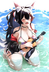 Rule 34 | 1girl, absurdres, animal ear fluff, animal ears, bare shoulders, between breasts, bikini, black hair, black jacket, blush, breasts, chestnut mouth, cleavage, closed eyes, commentary, curvy, english commentary, fang, front-tie bikini top, front-tie top, hair ornament, hairclip, highres, hololive, hood, hooded jacket, instrument, jacket, large breasts, leaf print, long hair, mee don, multicolored hair, ocean, official alternate costume, official alternate hairstyle, ookami mio, ookami mio (hololive summer 2019), print bikini, red hair, seiza, short shorts, shorts, side slit, side slit shorts, sidelocks, sitting, solo, streaked hair, swimsuit, tail, tail around own leg, tail wrap, thick thighs, thigh strap, thighs, two-sided fabric, two-sided jacket, ukulele, very long hair, virtual youtuber, white bikini, white shorts, wide ponytail, wolf ears, wolf girl, wolf tail
