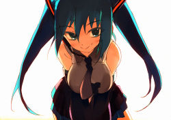 Rule 34 | 1girl, :&gt;, aqua eyes, aqua hair, bare shoulders, breasts, colored eyelashes, detached sleeves, hatsune miku, headphones, headset, kitano yuusuke, large breasts, leaning forward, long hair, necktie, simple background, skirt, smile, solo, twintails, vocaloid