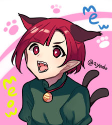 Rule 34 | 1girl, alternate hair length, alternate hairstyle, animal ears, bell, bright pupils, cat ears, cat tail, dress, extra ears, fangs, green dress, highres, jingle bell, juliet sleeves, kaenbyou rin, long sleeves, multiple tails, nekomata, open mouth, paw print, paw print background, pink background, pointy ears, puffy sleeves, red eyes, red hair, short hair, simple background, solo, sound effects, tail, teeth, tongue, touhou, two tails, upper body, white pupils, yadoyuki