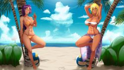 Rule 34 | 2girls, absurdres, against tree, armpits, arms up, ball, bikini, bleach, blonde hair, breast tattoo, breasts, castell, cleavage, dark-skinned female, dark skin, day, green eyes, highres, large breasts, long hair, looking at viewer, multiple girls, navel, ocean, outdoors, palm tree, ponytail, pubic hair, purple hair, sand, shihouin yoruichi, short hair, side-tie bikini bottom, signature, sky, smile, summer, swimsuit, tattoo, tier harribel, toned, tree, volleyball, volleyball (object), w, white bikini, yellow bikini, yellow eyes