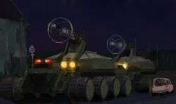 Rule 34 | cannon, car, directed-energy weapon, energy cannon, energy weapon, godzilla (series), godzilla vs. biollante, highres, house, lights, maser cannon, mbt-92, mbt-mb92, military, military vehicle, motor vehicle, night, no humans, orzer, road, road sign, sign, street, tank, toho, weapon, weapon focus
