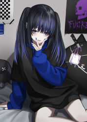 Rule 34 | 1girl, absurdres, arm support, black hair, black hoodie, blue eyes, blue hair, blue nails, commentary request, feet out of frame, grin, highres, hood, hoodie, indoors, kit, long hair, long sleeves, looking at viewer, multicolored hair, nail polish, original, parted lips, sitting, smile, solo, streaked hair, twintails, v