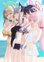 Rule 34 | 5girls, absurdres, ahoge, animal ear fluff, animal ears, ayane (blue archive), ayane (swimsuit) (blue archive), beach, bikini, bikini skirt, bikini top only, black hair, black one-piece swimsuit, blue archive, blue eyes, blue sky, blush, breasts, brown hair, cat ears, cat girl, cleavage, closed eyes, cloud, collarbone, commentary request, competition swimsuit, cross hair ornament, day, denim, denim shorts, flower, foreclosure task force (blue archive), frilled bikini, frills, front-tie top, green eyes, grey hair, hair bobbles, hair flower, hair ornament, halo, heterochromia, highres, horizon, hoshino (blue archive), hoshino (swimsuit) (blue archive), large breasts, light brown hair, long hair, looking at viewer, medium breasts, medium hair, mismatched pupils, multicolored clothes, multicolored hair, multicolored swimsuit, multiple girls, navel, nonomi (blue archive), nonomi (swimsuit) (blue archive), nose blush, ocean, official alternate costume, one-piece swimsuit, open mouth, outdoors, pink hair, pointy ears, red eyes, sand, serika (blue archive), serika (swimsuit) (blue archive), shiroko (blue archive), shiroko (swimsuit) (blue archive), short hair, short shorts, shorts, sky, small breasts, smile, stomach, string bikini, striped bikini, striped clothes, subachi, sweatdrop, swept bangs, swimsuit, twintails, water, white bikini, wolf ears, yellow bikini, yellow eyes