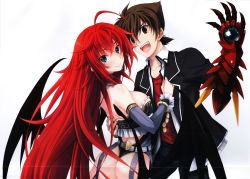 Rule 34 | 10s, 1boy, 1girl, ass, blue eyes, breasts, high school dxd, highres, hyoudou issei, large breasts, long hair, miyama-zero, official art, panties, red hair, rias gremory, thong, underwear