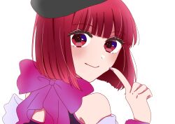 Rule 34 | 1girl, absurdres, arima kana, back bow, beret, black hat, blunt bangs, blunt ends, blush, bob cut, bow, closed mouth, commentary request, eyelashes, fingernails, from behind, hand up, hat, highres, index finger raised, looking at viewer, looking back, nail polish, oshi no ko, portrait, purple bow, purple nails, red eyes, red hair, simple background, smile, solo, turning head, white background, xto4k