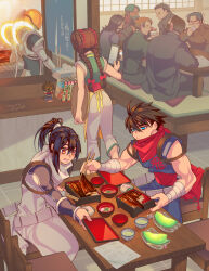 Rule 34 | 1girl, 6+boys, blue eyes, blue hair, braid, brown hair, chopsticks, dated, eating, fish (food), funko pop, grilled eel, highres, holding, holding chopsticks, holding tray, leo tail, long hair, male focus, multiple boys, orange eyes, ponytail, red scarf, scarf, short hair, sitting, solo (strider), strider (video game), strider hien, strider hiryuu, tong pooh, tray, twin braids, twitter username, white scarf