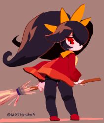 Rule 34 | 1girl, ashley (warioware), black hair, black pantyhose, blush, broom, closed mouth, commentary request, dress, from behind, full body, grey background, hair between eyes, hairband, highres, holding, holding broom, long hair, long sleeves, looking at viewer, looking back, nintendo, noniha, orange hairband, pantyhose, profile, red dress, red eyes, red footwear, shoes, slit pupils, solo, standing, twintails, twitter username, warioware