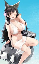 Rule 34 | 1girl, ;d, absurdres, animal ear fluff, animal ears, atago (azur lane), atago (summer march) (azur lane), azur lane, bikini, black hair, breasts, cherry hair ornament, choker, dog ears, flower, food-themed hair ornament, hair flower, hair ornament, hair ribbon, hand up, highres, large breasts, long hair, mole, mole under eye, navel, official alternate costume, one eye closed, open mouth, pink flower, ribbon, sarong, side-tie bikini bottom, sitting, skindentation, smile, solo, stomach, swimsuit, thighs, turret, very long hair, water, wet, white bikini, white choker, white ribbon, yamaha tsui, yellow eyes