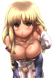Rule 34 | 1girl, adjusting hair, arc the lad, bare shoulders, blonde hair, braid, breasts, cleavage, downblouse, dress, large breasts, leaning forward, lieza (arc the lad), long hair, solo, sweatdrop, tokyo (great akuta), wide hips, yellow eyes
