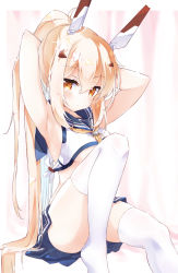 Rule 34 | 1girl, absurdres, armpits, arms behind head, arms up, ass, ayanami (azur lane), azur lane, bare shoulders, blonde hair, blue skirt, breasts, commentary request, convenient leg, crop top, crop top overhang, hair ornament, headgear, highres, invisible chair, long hair, looking at viewer, medium breasts, midriff, miniskirt, neckerchief, no shoes, orange eyes, pleated skirt, ponytail, retrofit (azur lane), sailor collar, school uniform, serafuku, shirt, sitting, skirt, sleeveless, sleeveless shirt, solo, thighhighs, underboob, very long hair, white shirt, white thighhighs, yukine