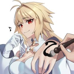 Rule 34 | 1girl, archetype earth, arcueid brunestud, bare shoulders, blonde hair, blush, body writing, breasts, calligraphy brush, cleavage, detached collar, detached sleeves, dress, fate/grand order, fate (series), gloves, unworn gloves, highres, large breasts, long hair, looking at viewer, magictuna, musical note, outstretched arm, paintbrush, red eyes, smile, solo focus, tsukihime, very long hair, white dress, white gloves