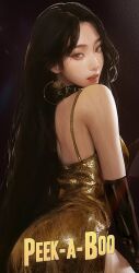 Rule 34 | 1girl, absurdres, ass, black choker, black gloves, black hair, brown eyes, choker, dress, elbow gloves, from behind, gloves, gold dress, highres, joy (red velvet), k-pop, long hair, looking at viewer, nagamerin, parted lips, real life, realistic, red velvet (group), smile, solo, song name, very long hair
