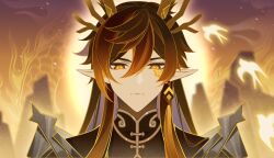 Rule 34 | 1693070240, 1boy, absurdres, armor, bird, black robe, brown hair, chinese clothes, closed mouth, double-parted bangs, dragon, dragon boy, dragon horns, earrings, eastern dragon, eastern dragon horns, genshin impact, hair between eyes, hair down, highres, horns, jewelry, long hair, looking at viewer, male focus, mountain, pointy ears, portrait, robe, scales, serious, shoulder armor, single earring, slit pupils, solo, sun, swallow (bird), tassel, tassel earrings, yellow eyes, yellow scales, zhongli (genshin impact)