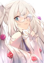 Rule 34 | 1girl, bare shoulders, blue eyes, closed mouth, corrupted twitter file, fate/grand order, fate (series), female focus, flower, glasses, hair flower, hair ornament, highres, light blush, light smile, long hair, looking at viewer, marie antoinette (fate), marie antoinette (third ascension) (fate), no-kan, no headwear, one eye closed, red flower, silver hair, simple background, sleeveless, solo, sparkle, twintails, very long hair, white background