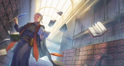 Rule 34 | 1boy, absurdres, book, bookshelf, cape, day, floating, floating object, grey hair, highres, holding, holding quill, indoors, ladder, library, male focus, open book, pixiv fantasia, pixiv fantasia age of starlight, pointy ears, pouch, quill, reshi3310, robe, standing