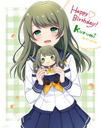 Rule 34 | 1girl, battle girl high school, blush, blush stickers, breasts, character doll, character name, commentary request, green eyes, green hair, happy birthday, highres, large breasts, long hair, looking at viewer, open mouth, school uniform, simple background, solo, tokiwa kurumi, yui (spica)