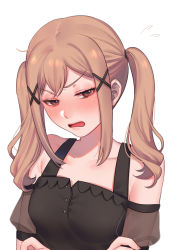 Rule 34 | 1girl, bang dream!, bare shoulders, black dress, blush, breasts, brown eyes, brown hair, collarbone, commentary request, dress, hair ornament, ichigaya arisa, long hair, looking at viewer, medium breasts, noriuma, open mouth, see-through, sidelocks, simple background, solo, twintails, white background, x hair ornament