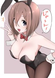 Rule 34 | 1girl, animal ears, black leotard, black pantyhose, border, bow, bowtie, breasts, brown eyes, brown hair, cleavage, commentary request, cowboy shot, detached collar, fake animal ears, grey background, highres, ikari manatsu, large breasts, leotard, original, pantyhose, playboy bunny, rabbit ears, rabbit tail, red bow, red bowtie, short hair, solo, strapless, strapless leotard, tail, two-tone background, white border, wrist cuffs