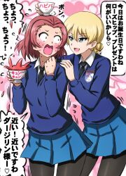 Rule 34 | 2girls, black necktie, black pantyhose, blonde hair, blue eyes, blue skirt, blue sweater, blush, braid, commentary, constricted pupils, cup, cup on head, darjeeling (girls und panzer), dress shirt, emblem, flying sweatdrops, frown, girls und panzer, hand on another&#039;s shoulder, heart, heart background, highres, holding, holding cup, long sleeves, looking at another, looking back, medium hair, miniskirt, motion lines, multiple girls, necktie, omachi (slabco), open mouth, pantyhose, pleated skirt, puff of air, red hair, rosehip (girls und panzer), school uniform, shirt, short hair, side-by-side, skirt, smile, spilling, st. gloriana&#039;s (emblem), st. gloriana&#039;s school uniform, standing, sweat, sweater, tea, teacup, translated, v-neck, white shirt, wing collar