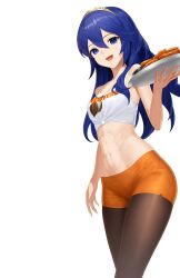 Rule 34 | 1girl, abs, absurdres, bare shoulders, blue eyes, blue hair, chicken (food), chicken wing, commission, commissioner upload, crop top, dhokidoki, fire emblem, fire emblem awakening, food, hair between eyes, highres, holding, holding plate, hooters, long hair, lucina (fire emblem), mismatched pupils, navel, nintendo, non-web source, open mouth, orange shorts, pantyhose, pantyhose under shorts, plate, short shorts, shorts, solo, tiara, toned, transparent background, upper body
