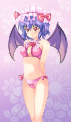 Rule 34 | 1girl, arms behind back, bad id, bad pixiv id, bare shoulders, bat wings, bikini, blue hair, breasts, fang, female focus, hat, highres, pico (picollector79), pink bikini, red eyes, remilia scarlet, short hair, solo, standing, swimsuit, touhou, wings